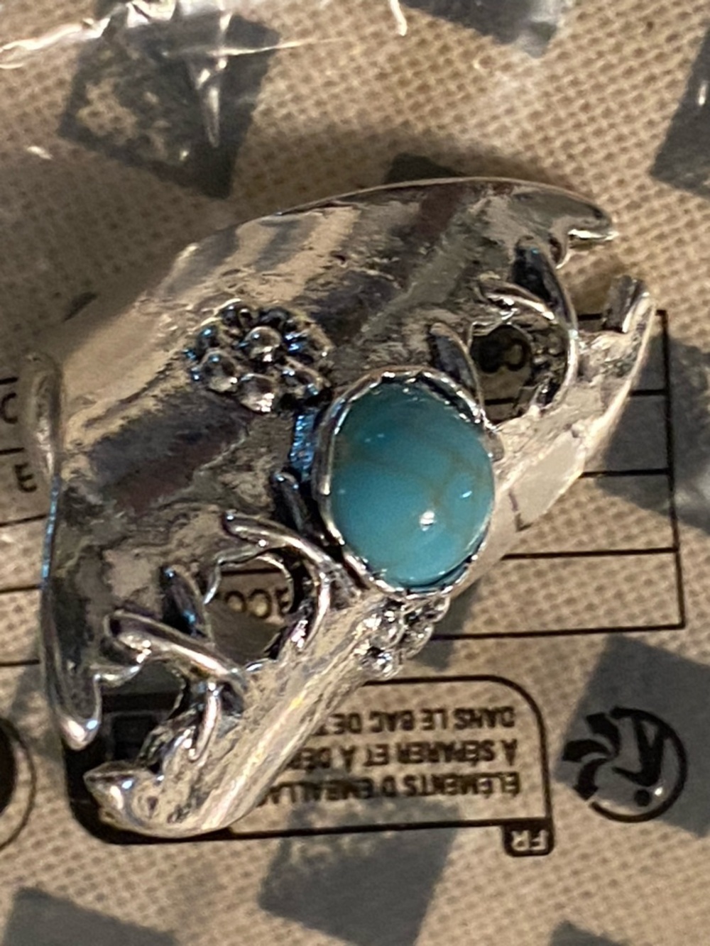 Silver Floral Ring with Turquoise Blue Cabochon